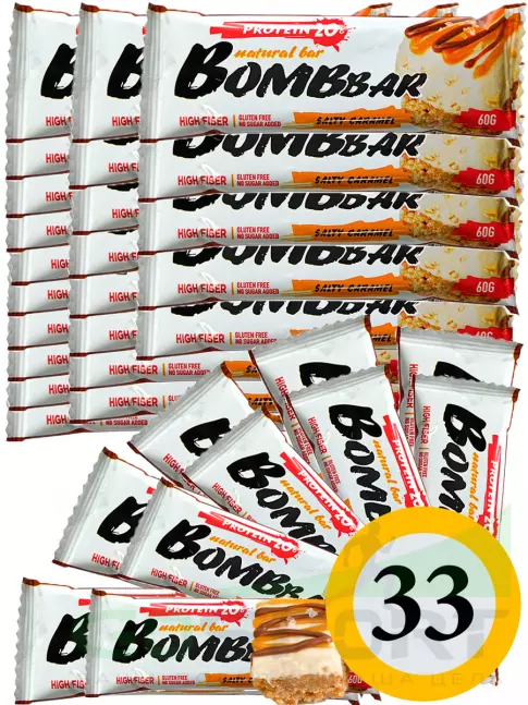 Протеиновый батончик BombBar Protein Bar 33 x 60 г, Соленая карамель Протеиновый батончик BombBar Protein Bar 33 x 60 г, Соленая карамель