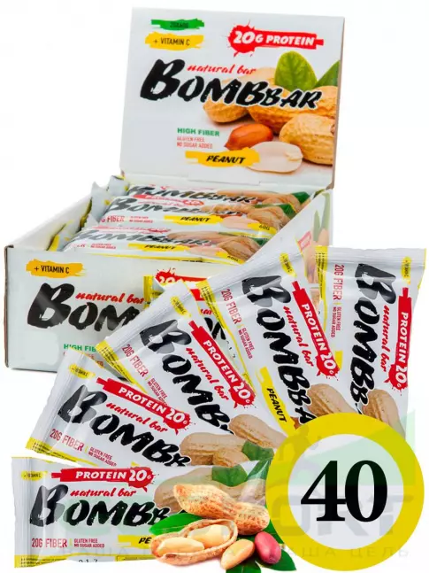 Протеиновый батончик BombBar Protein Bar 40 x 60 г, Арахис Протеиновый батончик BombBar Protein Bar 40 x 60 г, Арахис
