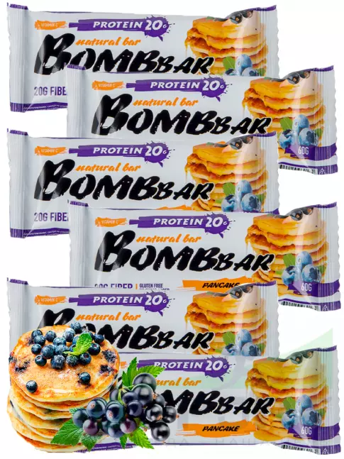 Протеиновый батончик BombBar Protein Bar 6 x 60 г, Смородиново-черничный панкейк