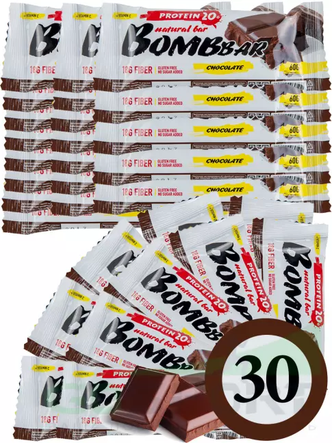 Протеиновый батончик BombBar Protein Bar 30 x 60 г, Двойной шоколад Протеиновый батончик BombBar Protein Bar 30 x 60 г, Двойной шоколад