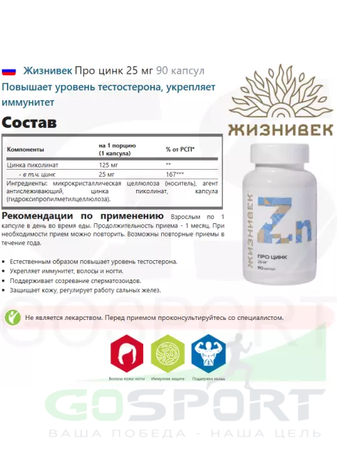 Цинк Жизнивек Про цинк 25 мг 90 капсул