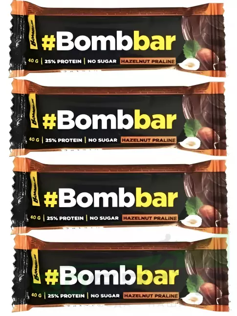 Протеиновый батончик BombBar Батончики в шоколаде без сахара 4 x 40 г, Фундучное пралине