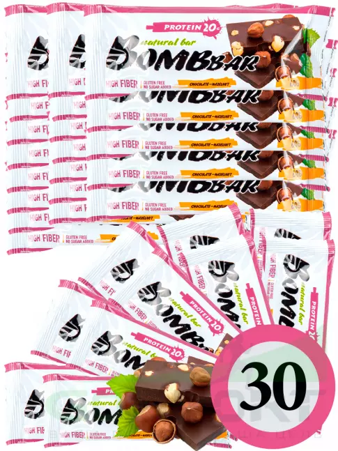 Протеиновый батончик BombBar Protein Bar 30 x 60 г, Шоколад - Фундук