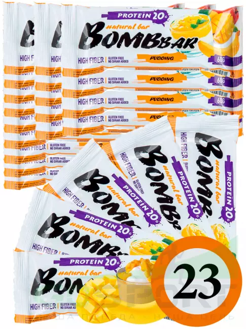 Протеиновый батончик BombBar Protein Bar 23 x 60 г, Пудинг с ароматом манго и банана