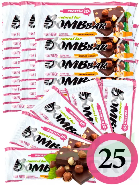 Протеиновый батончик BombBar Protein Bar 25 x 60 г, Шоколад - Фундук Протеиновый батончик BombBar Protein Bar 25 x 60 г, Шоколад - Фундук