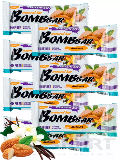 Протеиновый батончик BombBar Protein Bar 7 x 60 г, Миндаль-ваниль