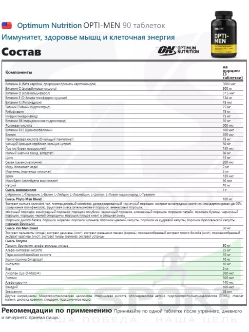 Витамины для мужчин Optimum Nutrition OPTI-MEN 90 таблеток Витамины для мужчин Optimum Nutrition OPTI-MEN 90 таблеток