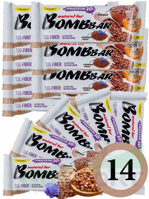 Протеиновый батончик BombBar Protein Bar 14 x 60 г, Гречишный