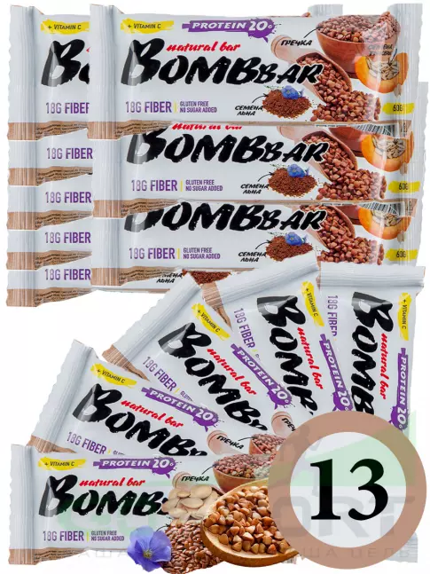 Протеиновый батончик BombBar Protein Bar 13 x 60 г, Гречишный