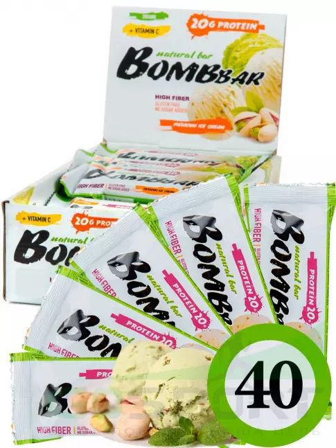 Протеиновый батончик BombBar Protein Bar 40 x 60 г, Фисташковый-Пломбир