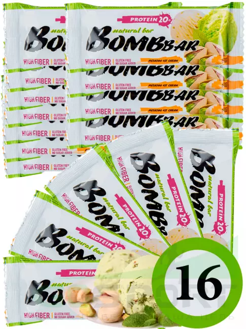 Протеиновый батончик BombBar Protein Bar 16 x 60 г, Фисташковый-Пломбир Протеиновый батончик BombBar Protein Bar 16 x 60 г, Фисташковый-Пломбир