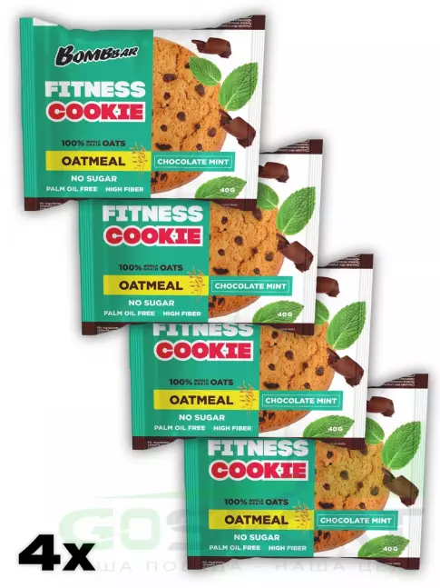 Протеиновый батончик BombBar Овсяное fitness печенье 4 х 40 г, Шоколад-мята