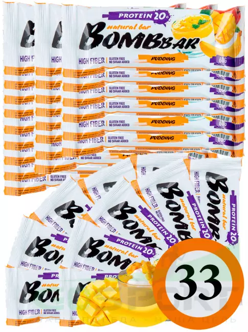 Протеиновый батончик BombBar Protein Bar 33 x 60 г, Пудинг с ароматом манго и банана