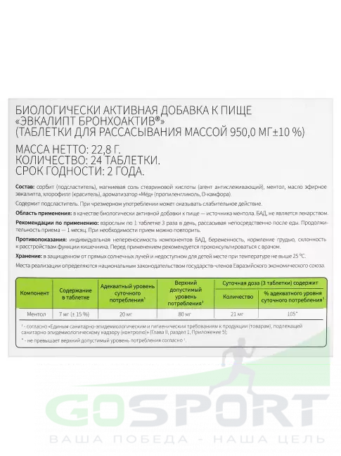  ВИТАМИР Бронхоактив Эвкалипт 24 таблетки
