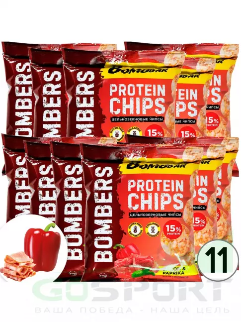 Чипсы BombBar Protein Chips 11 x 50 г, Бекон с паприкой