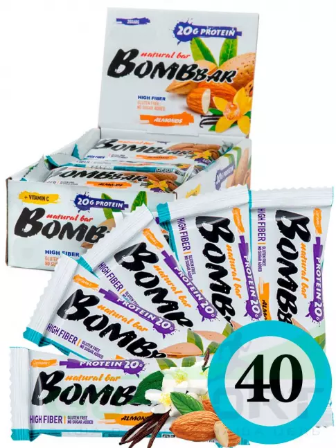 Протеиновый батончик BombBar Protein Bar 40 x 60 г, Миндаль-ваниль Протеиновый батончик BombBar Protein Bar 40 x 60 г, Миндаль-ваниль
