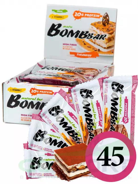 Протеиновый батончик BombBar Protein Bar 45 x 60 г, Тирамису Протеиновый батончик BombBar Protein Bar 45 x 60 г, Тирамису