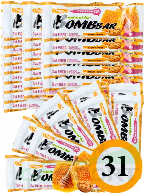 Протеиновый батончик BombBar Protein Bar 31 x 60 г, Грецкий орех с медом
