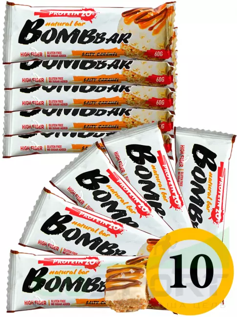 Протеиновый батончик BombBar Protein Bar 10 x 60 г, Соленая карамель Протеиновый батончик BombBar Protein Bar 10 x 60 г, Соленая карамель