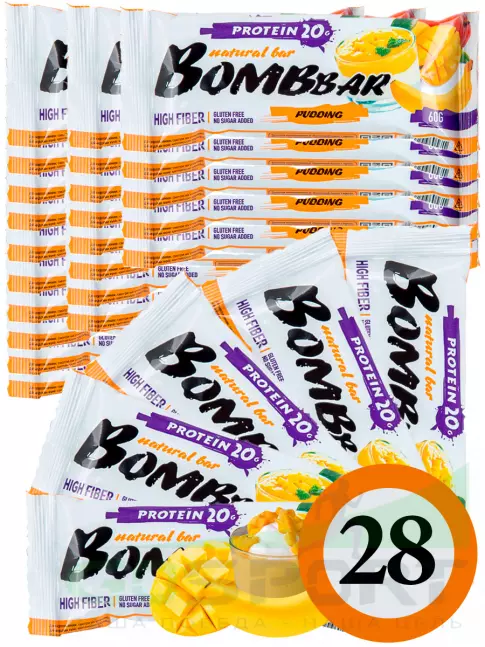 Протеиновый батончик BombBar Protein Bar 28 x 60 г, Пудинг с ароматом манго и банана Протеиновый батончик BombBar Protein Bar 28 x 60 г, Пудинг с ароматом манго и банана