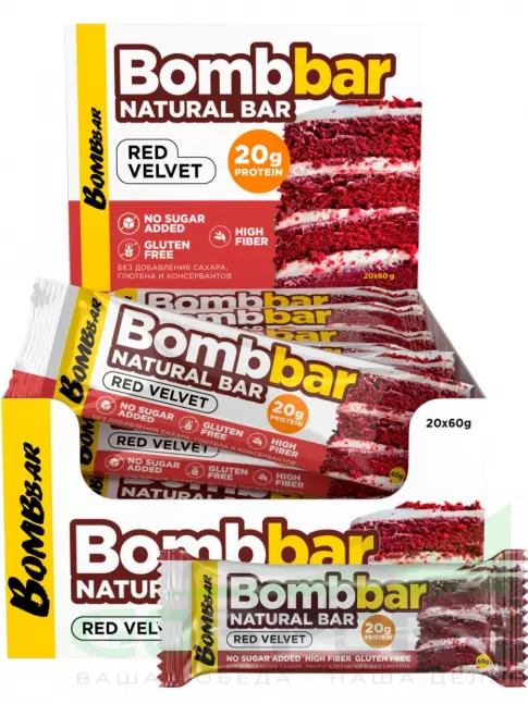 Протеиновый батончик BombBar Protein Bar 20 x 60 г, Красный бархат
