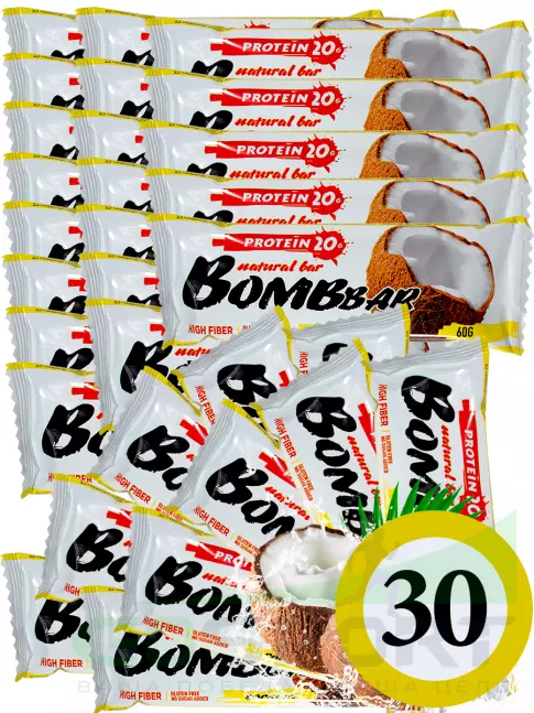 Протеиновый батончик BombBar Protein Bar 30 x 60 г, Кокос