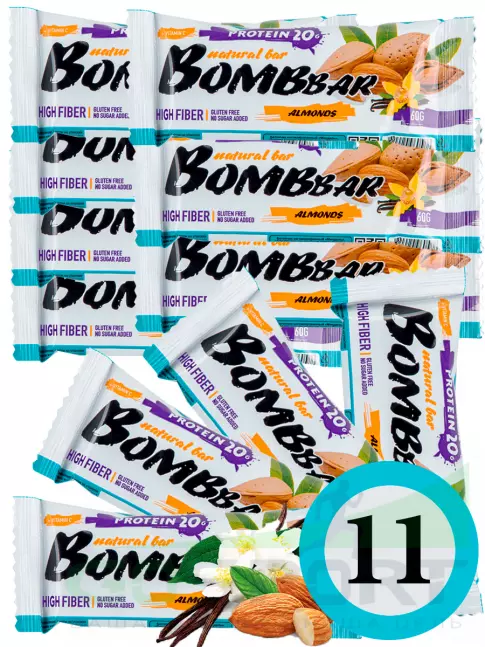 Протеиновый батончик BombBar Protein Bar 11 x 60 г, Миндаль-ваниль