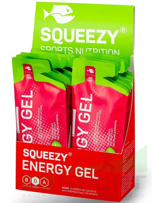 Энергетический гель питьевой SQUEEZY ENERGY GEL no caffeine 33 г x 12 саше, Малина