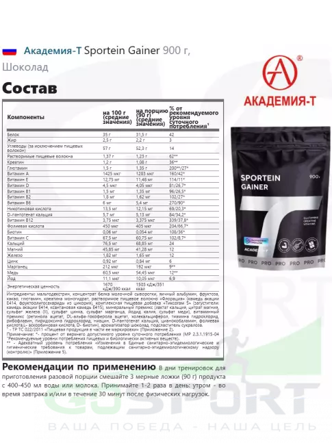 Гейнер Академия-Т Sportein Gainer 900 г, Шоколад