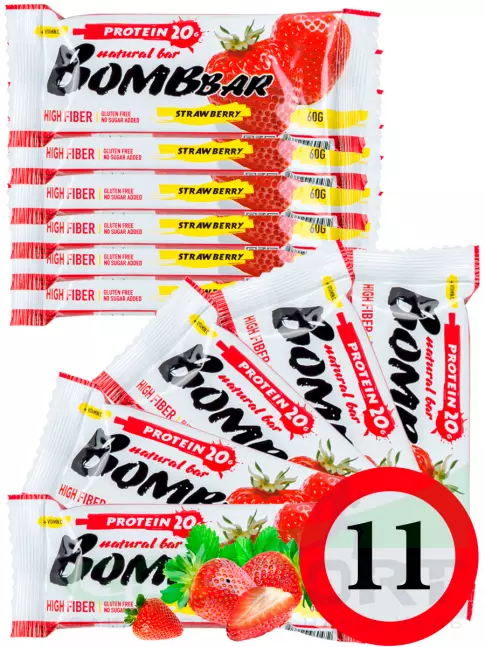 Протеиновый батончик BombBar Protein Bar 11 x 60 г, Клубника