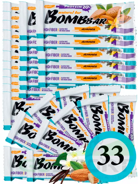 Протеиновый батончик BombBar Protein Bar 33 x 60 г, Миндаль-ваниль