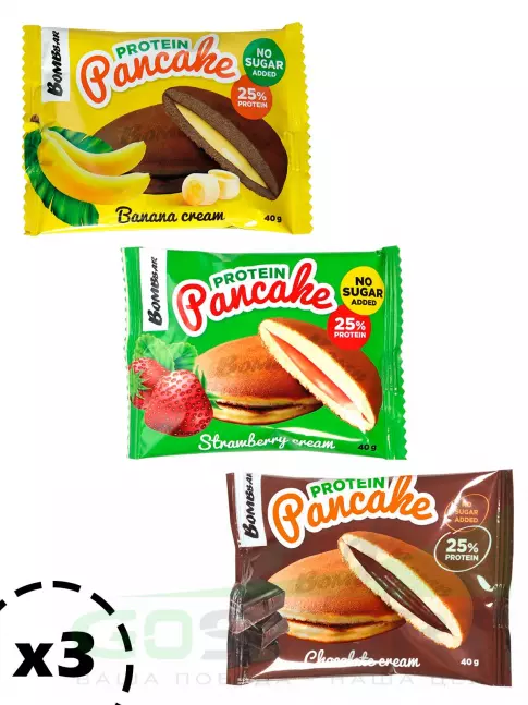 Протеиновый батончик BombBar Панкейк протеиновый 3 х 40 г, Шоколад, Банан, Клубника