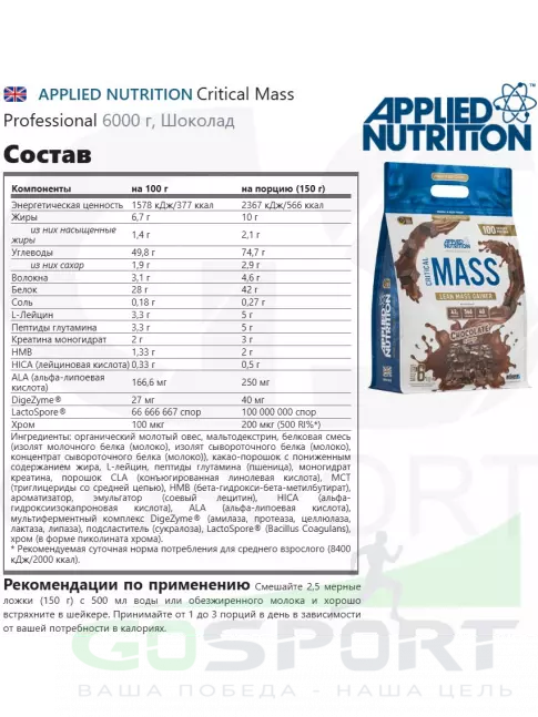 Гейнер APPLIED NUTRITION Critical Mass Professional 6000 г, Шоколад