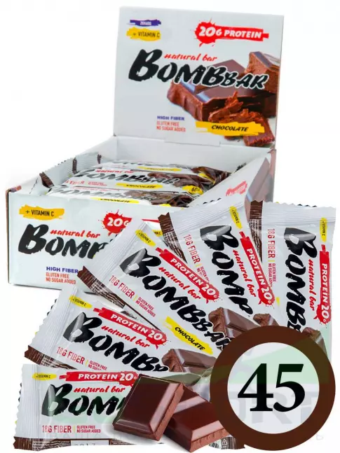 Протеиновый батончик BombBar Protein Bar 45 x 60 г, Двойной шоколад Протеиновый батончик BombBar Protein Bar 45 x 60 г, Двойной шоколад