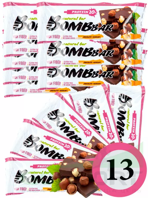 Протеиновый батончик BombBar Protein Bar 13 x 60 г, Шоколад - Фундук