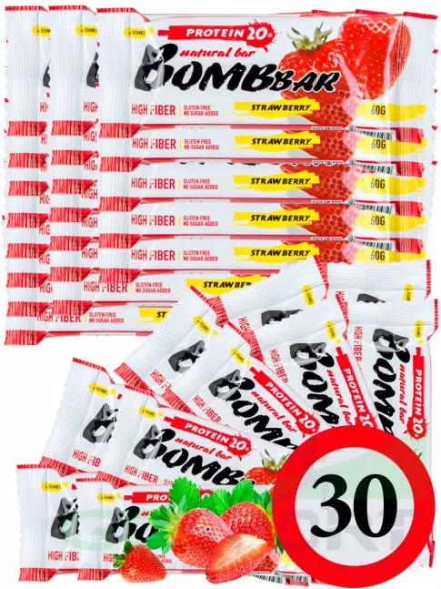 Протеиновый батончик BombBar Protein Bar 30 x 60 г, Клубника Протеиновый батончик BombBar Protein Bar 30 x 60 г, Клубника