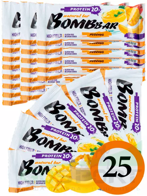 Протеиновый батончик BombBar Protein Bar 25 x 60 г, Пудинг с ароматом манго и банана