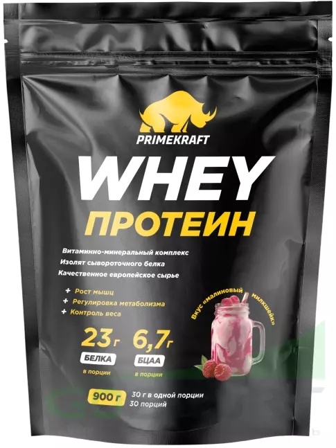 Сывороточный протеин PRIMEKRAFT Whey Protein 900 г, Малиновый милкшейк Сывороточный протеин PRIMEKRAFT Whey Protein 900 г, Малиновый милкшейк