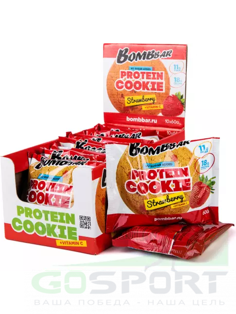 Протеиновый батончик BombBar Protein cookie 10 протеин печенье x 60 г, Клубника