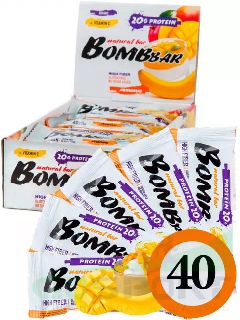 Протеиновый батончик BombBar Protein Bar 40 x 60 г, Пудинг с ароматом манго и банана