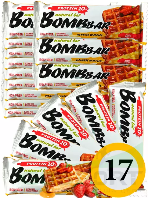 Протеиновый батончик BombBar Protein Bar 17 x 60 г, Венские вафли Протеиновый батончик BombBar Protein Bar 17 x 60 г, Венские вафли