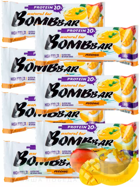 Протеиновый батончик BombBar Protein Bar 7 x 60 г, Пудинг с ароматом манго и банана