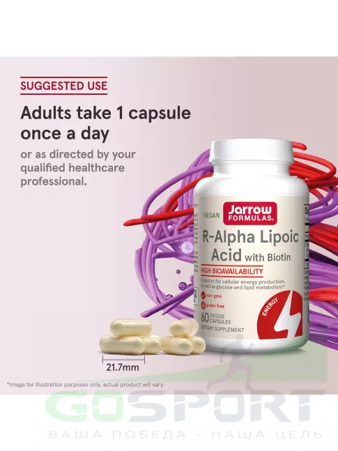  Jarrow Formulas R-Alpha Lipoic Acid + Biotin 60 веган капсул