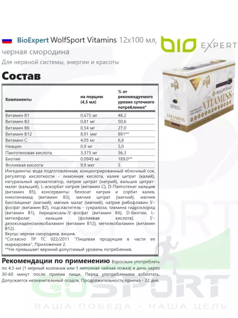  BioExpert WolfSport Vitamins 12х100 мл, черная смородина