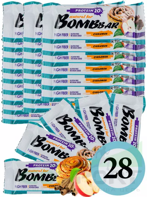 Протеиновый батончик BombBar Protein Bar 28 x 60 г, Яблоко - Корица