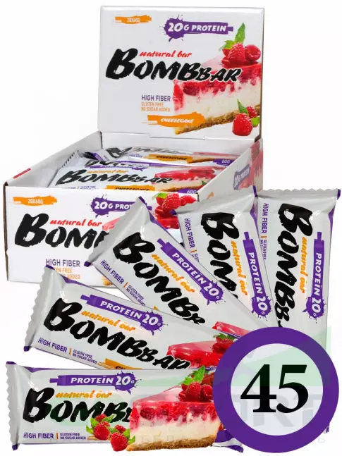 Протеиновый батончик BombBar Protein Bar 45 x 60 г, Малиновый чизкейк Протеиновый батончик BombBar Protein Bar 45 x 60 г, Малиновый чизкейк