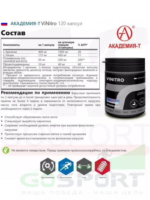 Восстановление АКАДЕМИЯ-Т ViNitro 120 капсул