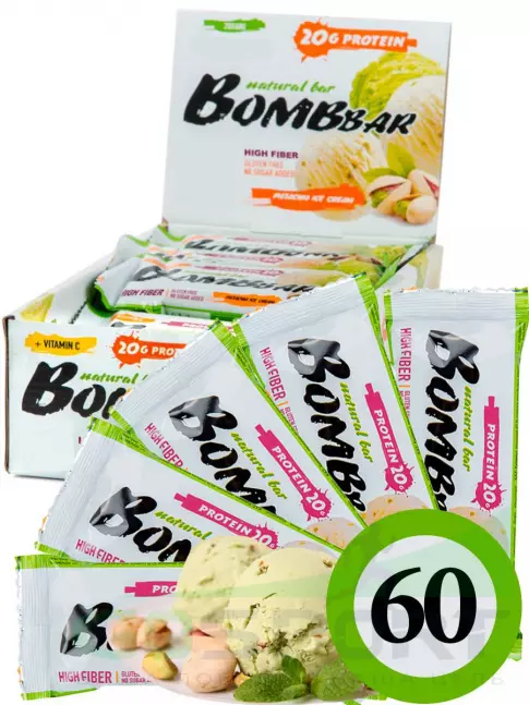 Протеиновый батончик BombBar Protein Bar 60 x 60 г, Фисташковый-Пломбир