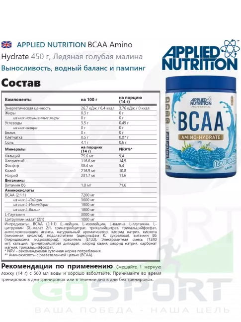 БСАА APPLIED NUTRITION BCAA Amino Hydrate 450 г, Ледяная голубая малина БСАА APPLIED NUTRITION BCAA Amino Hydrate 450 г, Ледяная голубая малина