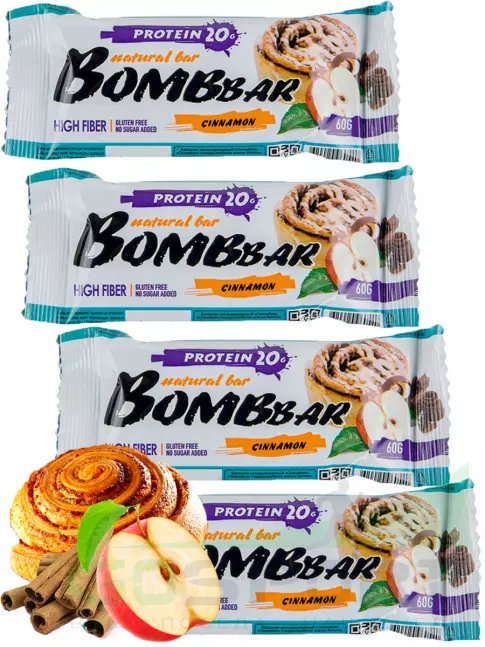 Протеиновый батончик BombBar Protein Bar 4 x 60 g, Яблоко - Корица